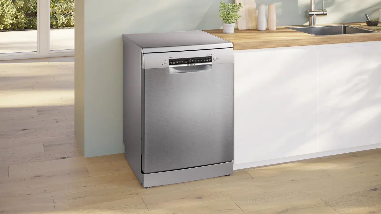 Bosch SMS4ECI26E משולב במטבח לצד ארונות בהירים