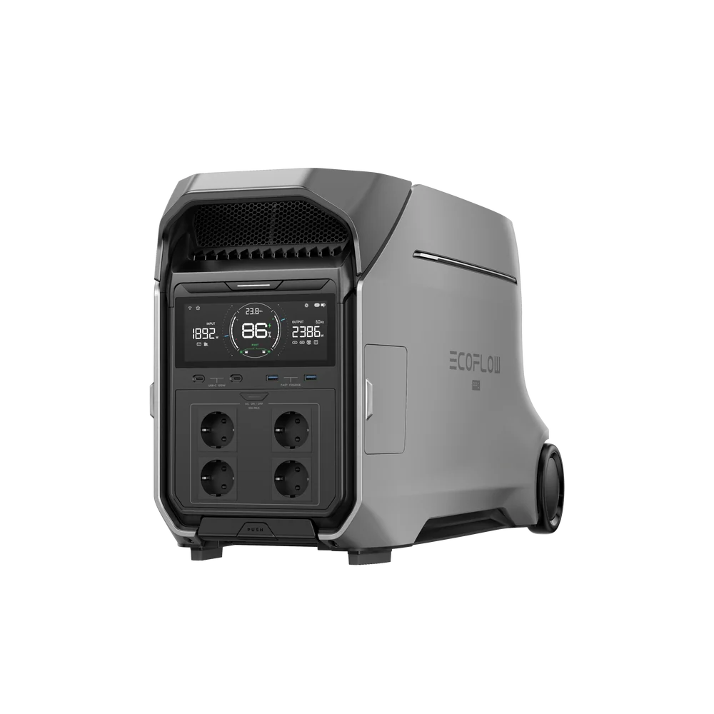 EcoFlow DELTA Pro 3 בגוון כסוף ושחור, מבט חזיתי אלכסוני