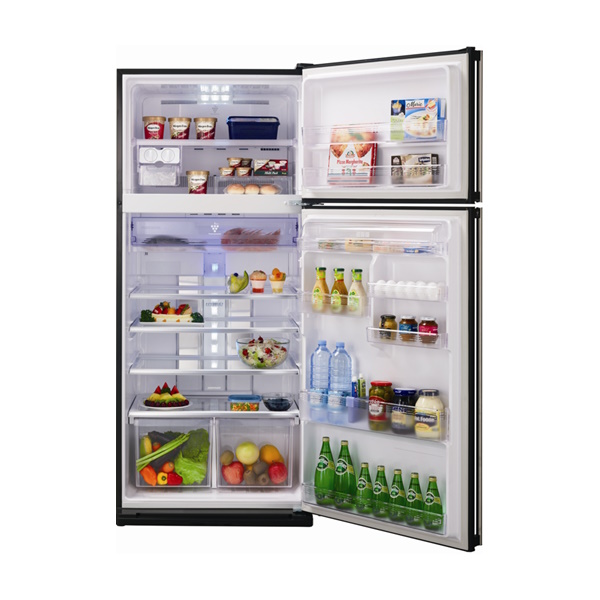 מקרר Sharp SJ-SERN75D-SL במצב פתוח עם מדפי קירור, מגירות, תאי דלת ומקפיא עליון