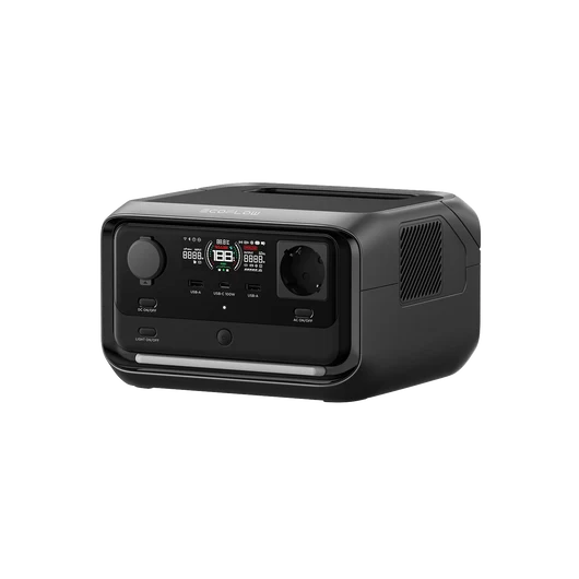 EcoFlow RIVER 3 Plus באפור ושחור, מבט אלכסוני בגרסה האירופית