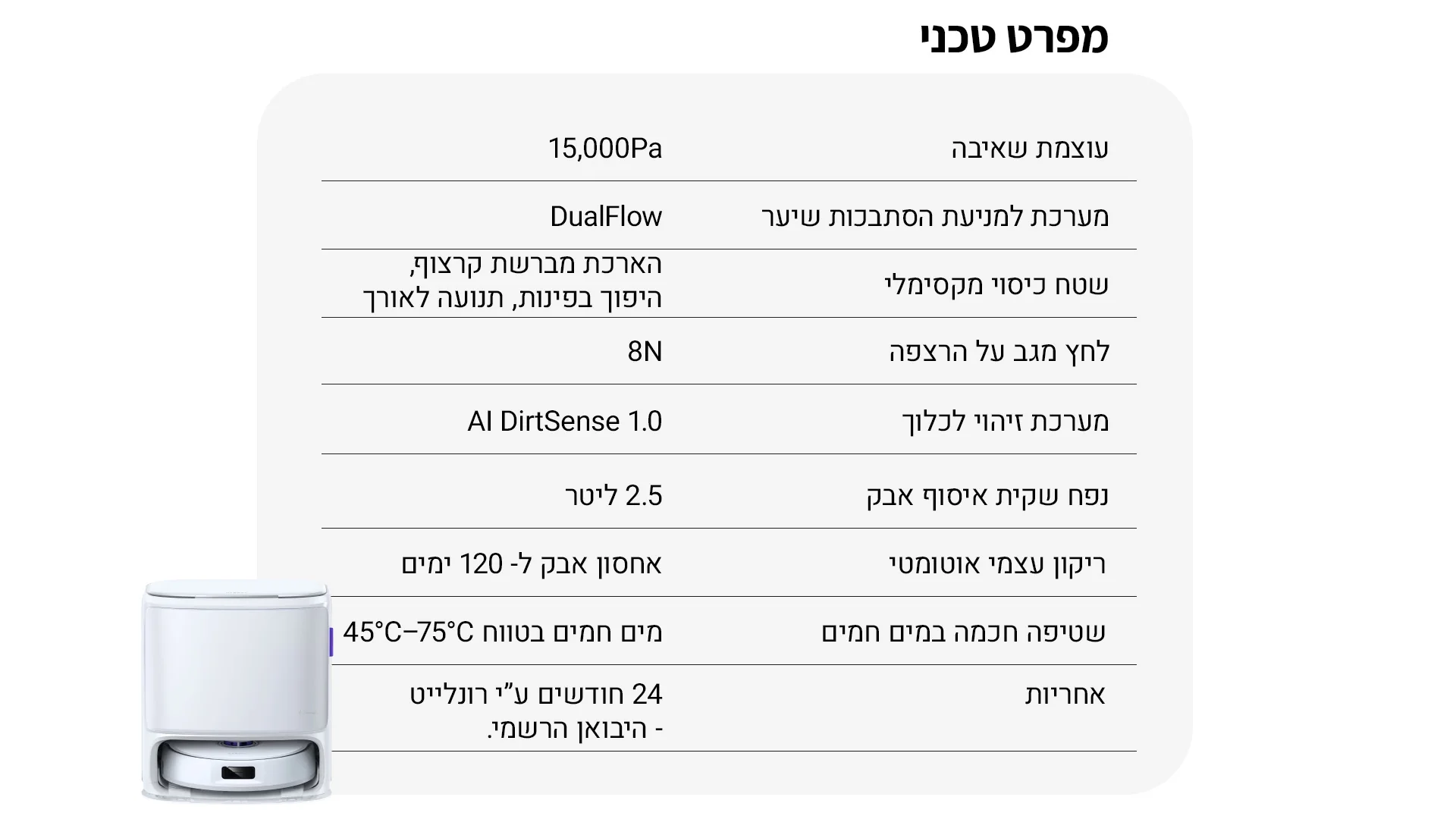 טבלת המפרט המקורית של Narwal ישראל, כולל אחריות וטמפרטורת שטיפת מטליות