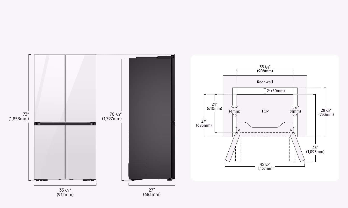 תרשים מידות מקורי של Samsung RM70F63REWML כולל פתיחת דלתות ומרווח התקנה