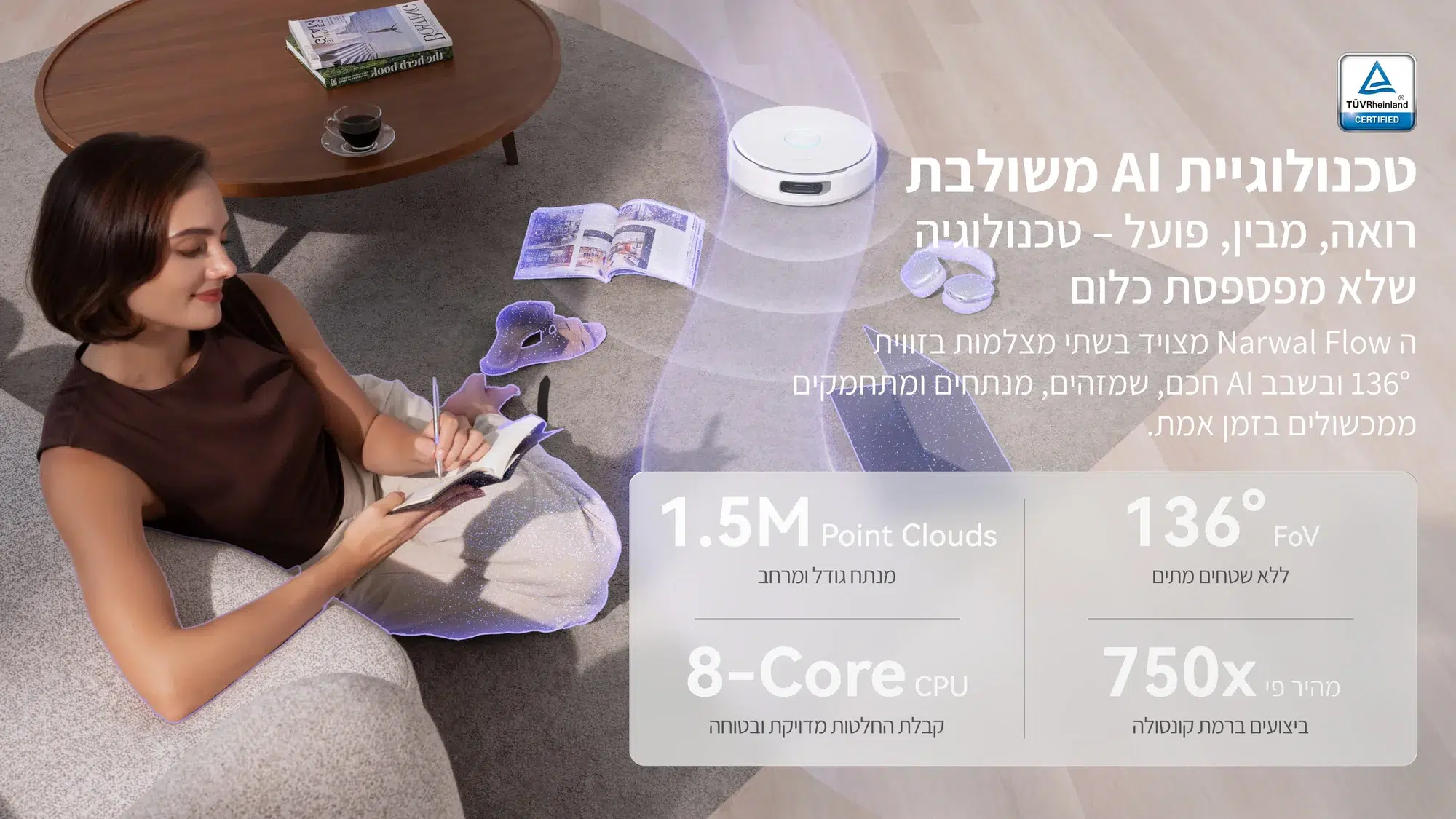 רואה את הסביבה. מתאים את המסלול. — תמונת יצרן בעברית