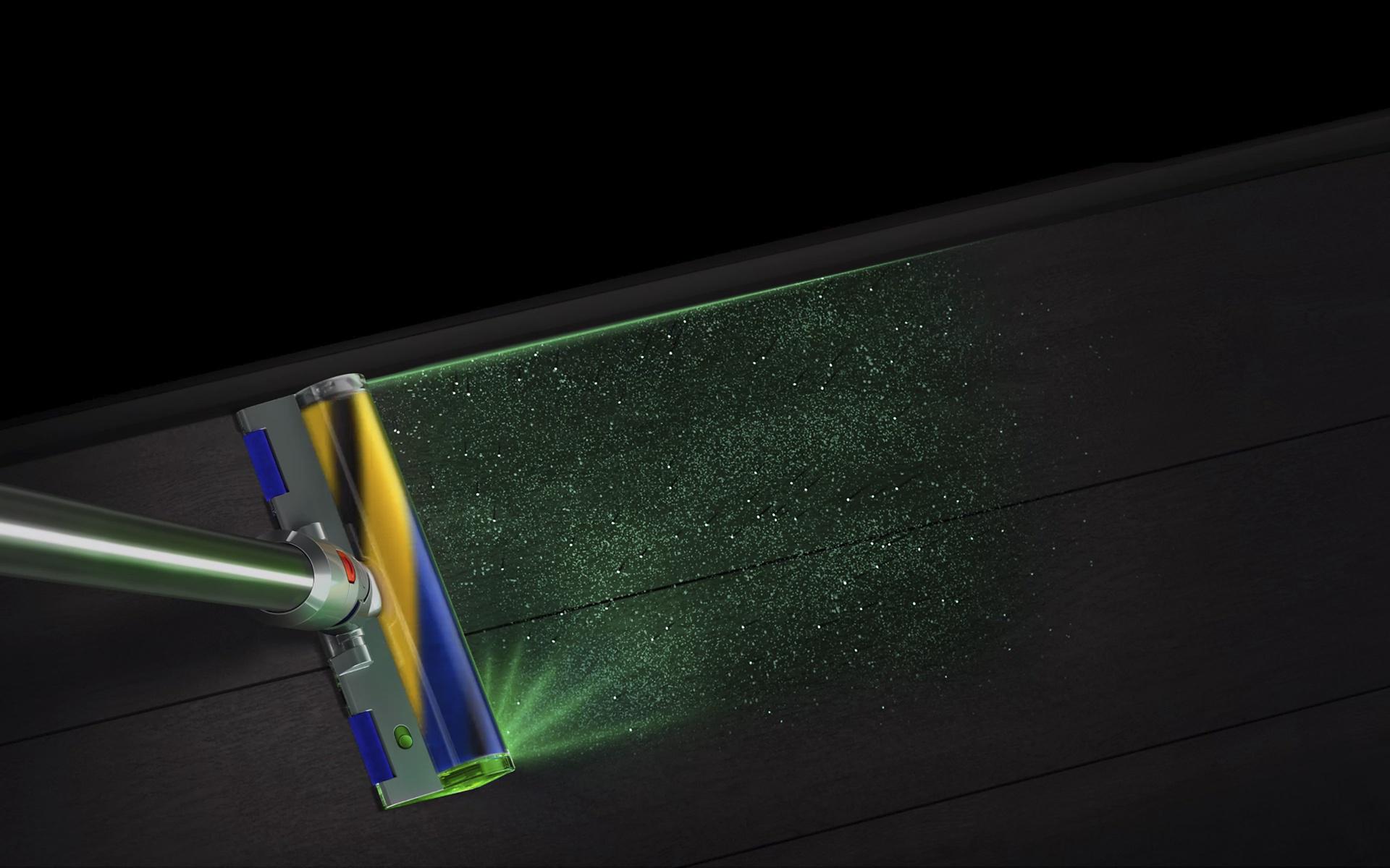 בתמונה זו רואים את שואב האבק האלחוטי Dyson V15 Detect Absolute, שואב חזק וחכם עם לייזר לזיהוי אבק מיקרוסקופי. השואב מציע עד 60 דקות עבודה רציפה, משקל קל של 3 ק