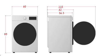 מידות מכונת כביסה LG F4WR513SBW גובה 85 סמ רוחב 60 סמ עומק 62 סמ