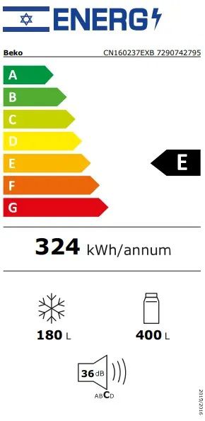 תווית אנרגיה BEKO CN160237EXB תווית האנרגיה של מקרר BEKO CN160237EXB