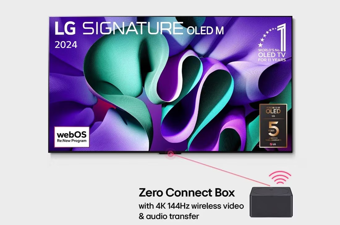 LG OLED77M46LA עם Zero Connect Box לחוויית צפייה נקייה מכבלים תיבת Zero Connect של LG OLED SIGNATURE M4 לצד טלוויזיית LG OLED77M46LA