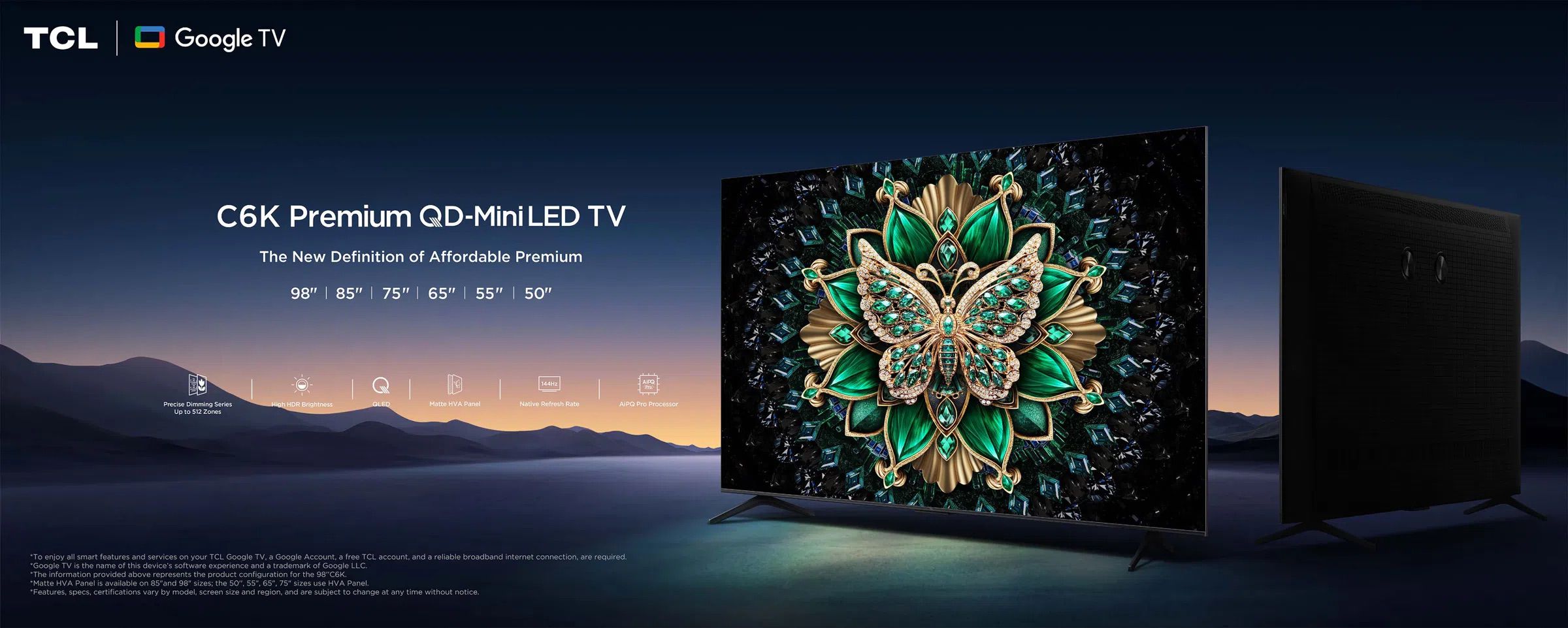 טלוויזיה חכמה TCL 55C61K בגודל 55 אינץ׳ QD-Mini LED 4K Google TV