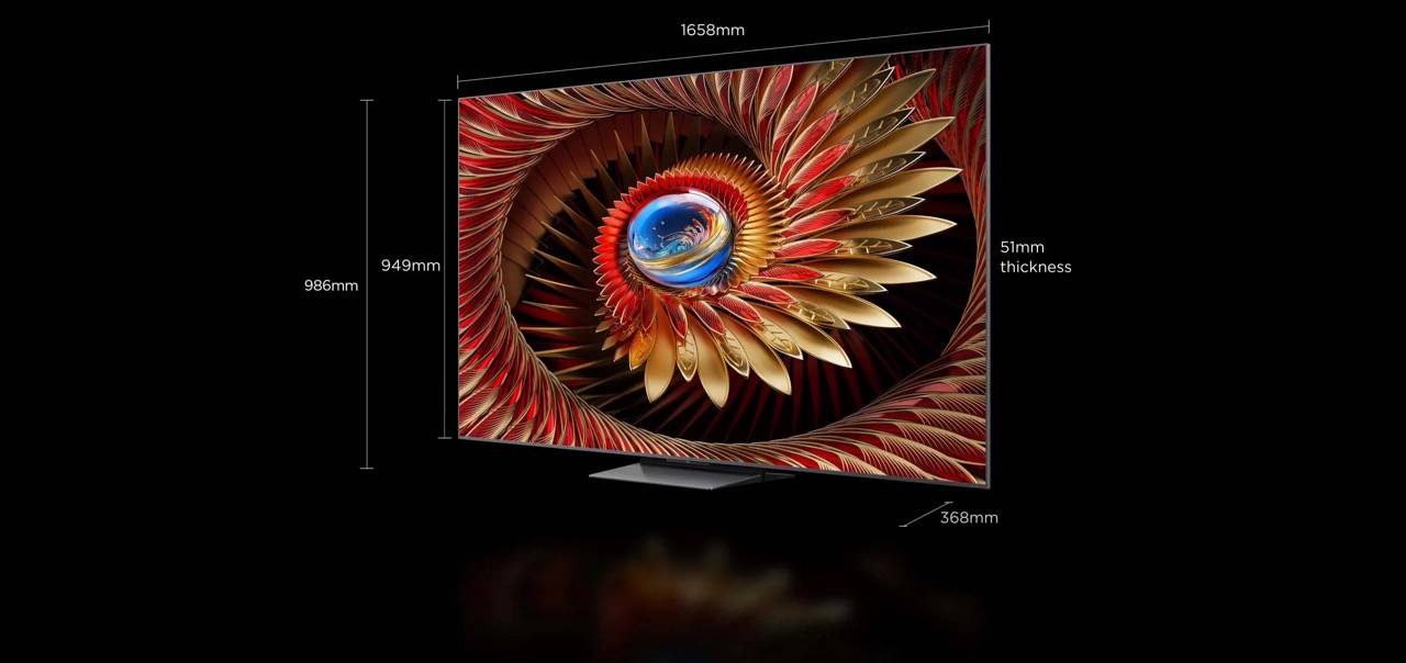 מפרט טכני: TCL 75C8K Premium QD-Mini LED TV מידות בס