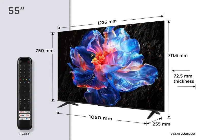 תרשים מידות לטלוויזיה TCL 55V6C 55 אינץ' 4K Google TV