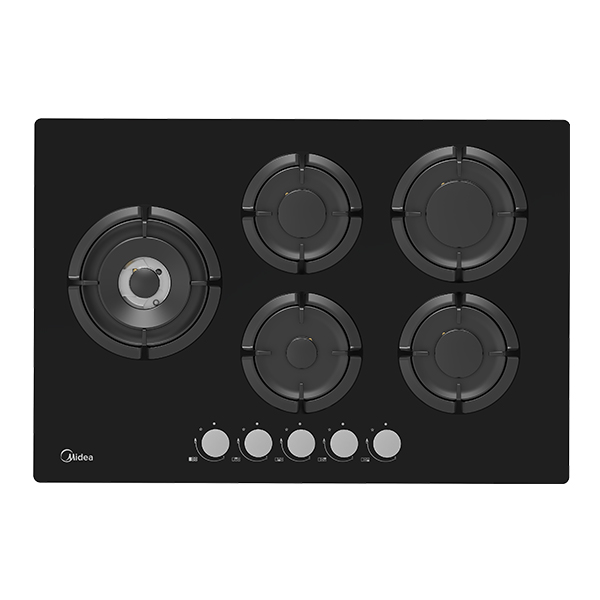 כיריים גז MIDEA דגם 75GP503-B בגימור זכוכית שחורה מבית MIDEA. הכיריים מצוידות במערכת הצתה אלקטרונית, ברז מבער לשליטה מדויקת, ו-5 להבות בישול בעוצמות שונות