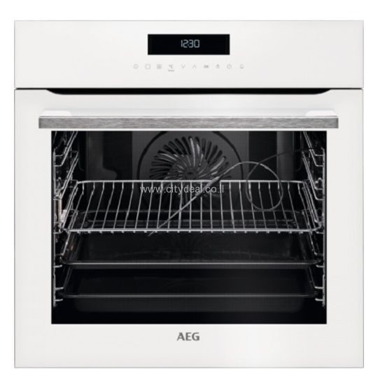 תנור בנוי AEG BEE264232W תנור רב תכליתי עם טורבו אקטיבי תא אפייה ענק 71 ליטר בגימור צבע לבן זכוכית דירוג אנרגטי A חסכוני תוצרת גרמניה  תא תנור עם 5 מפלסי אפייה | 19 תוכניות אוטומטיות + תוכנית מועדפת | 12 מצבי בישול ואפייה | מגשים ענקיים 50 מ''מ