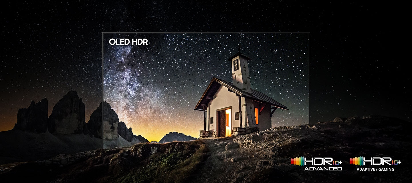 המחשת Samsung OLED HDR: נוף לילי עם שמיים זרועי כוכבים וניגודיות בין אור לחושך