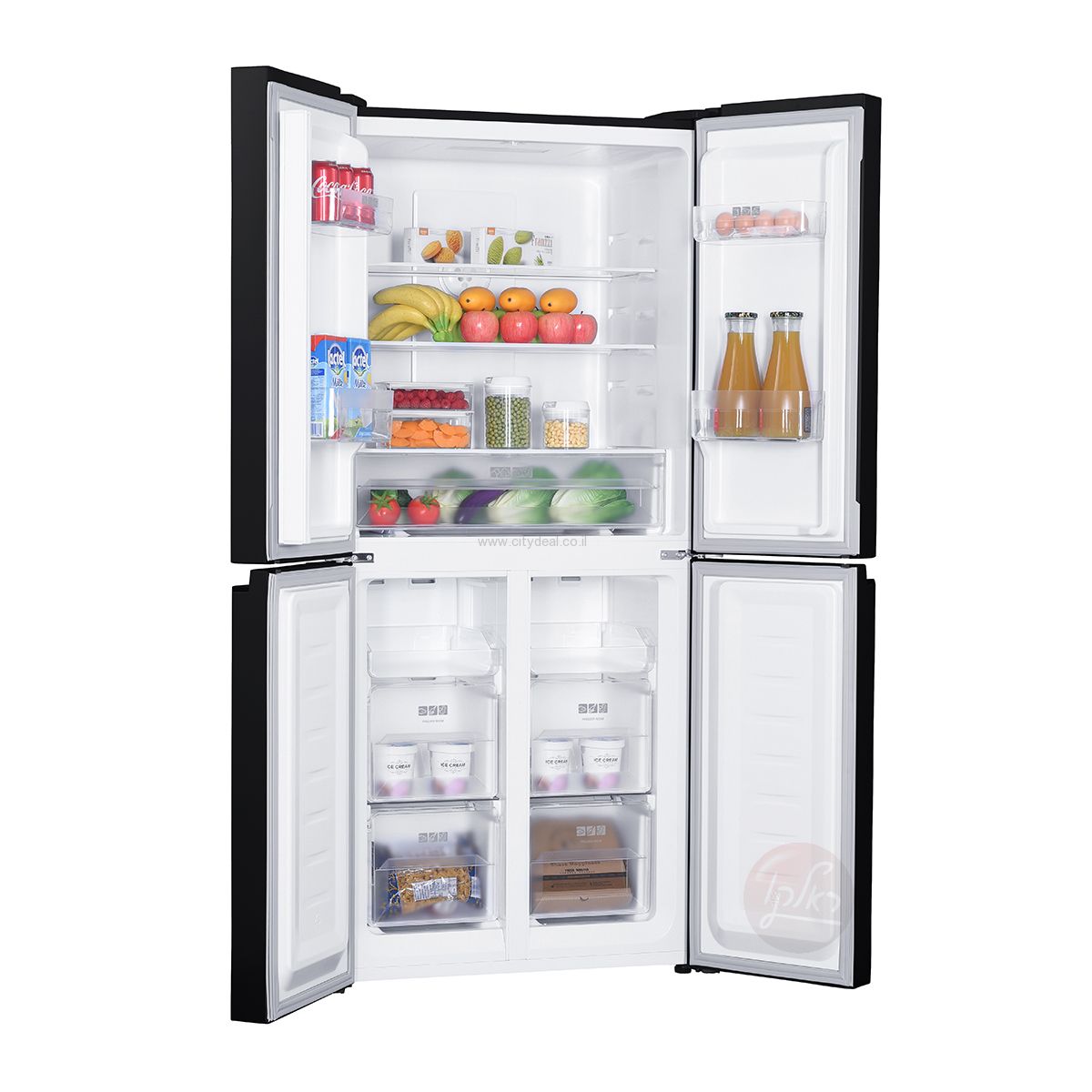 אחסון פנימי חכם במקרר Sharp SJ8435BL מקרר Sharp SJ8435BL פתוח עם אחסון פנימי רחב