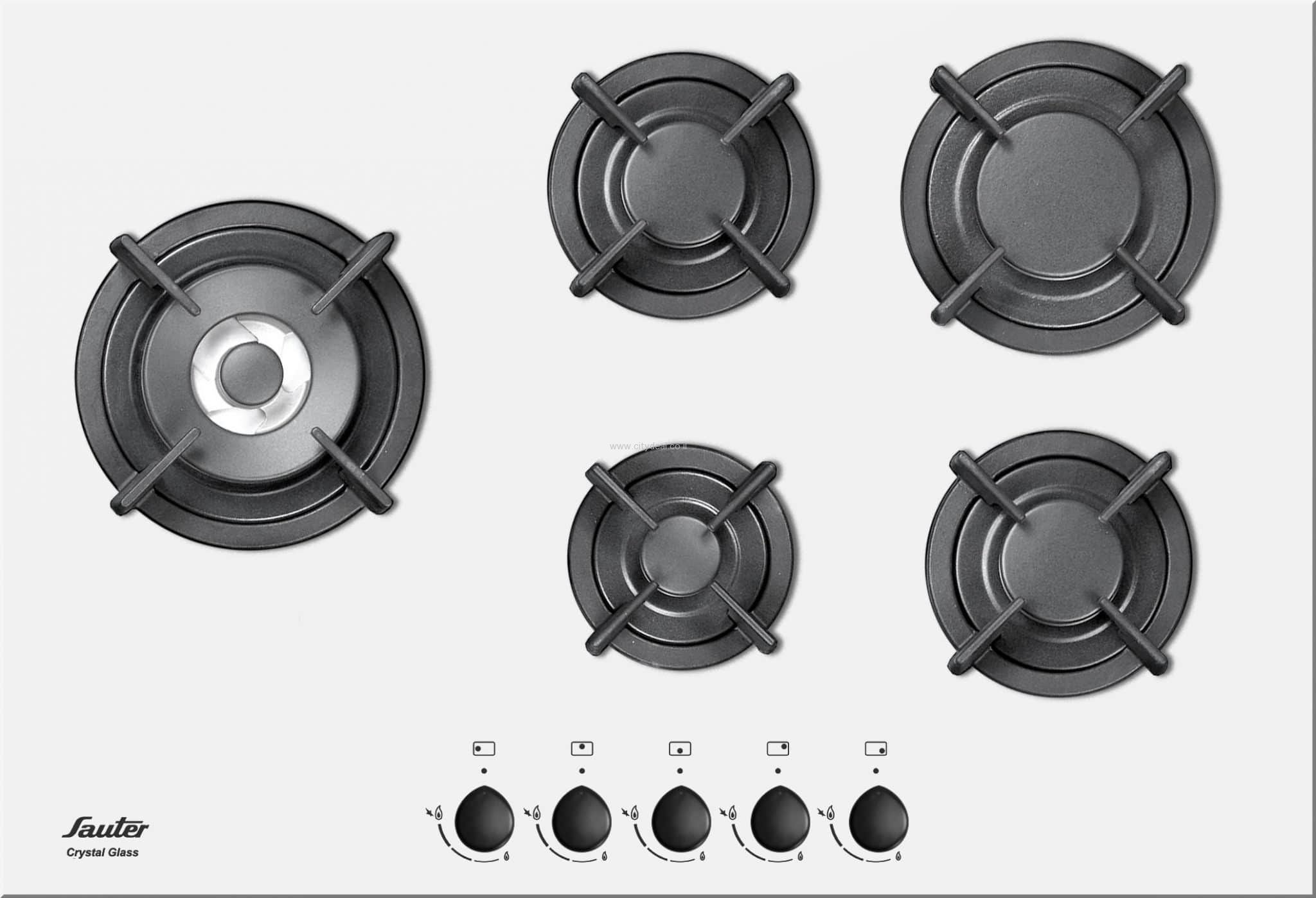 כיריים גז Sauter SHG755W ברוחב 75 סנטימטר עם 5 מבערים ומשטח זכוכית לבנה