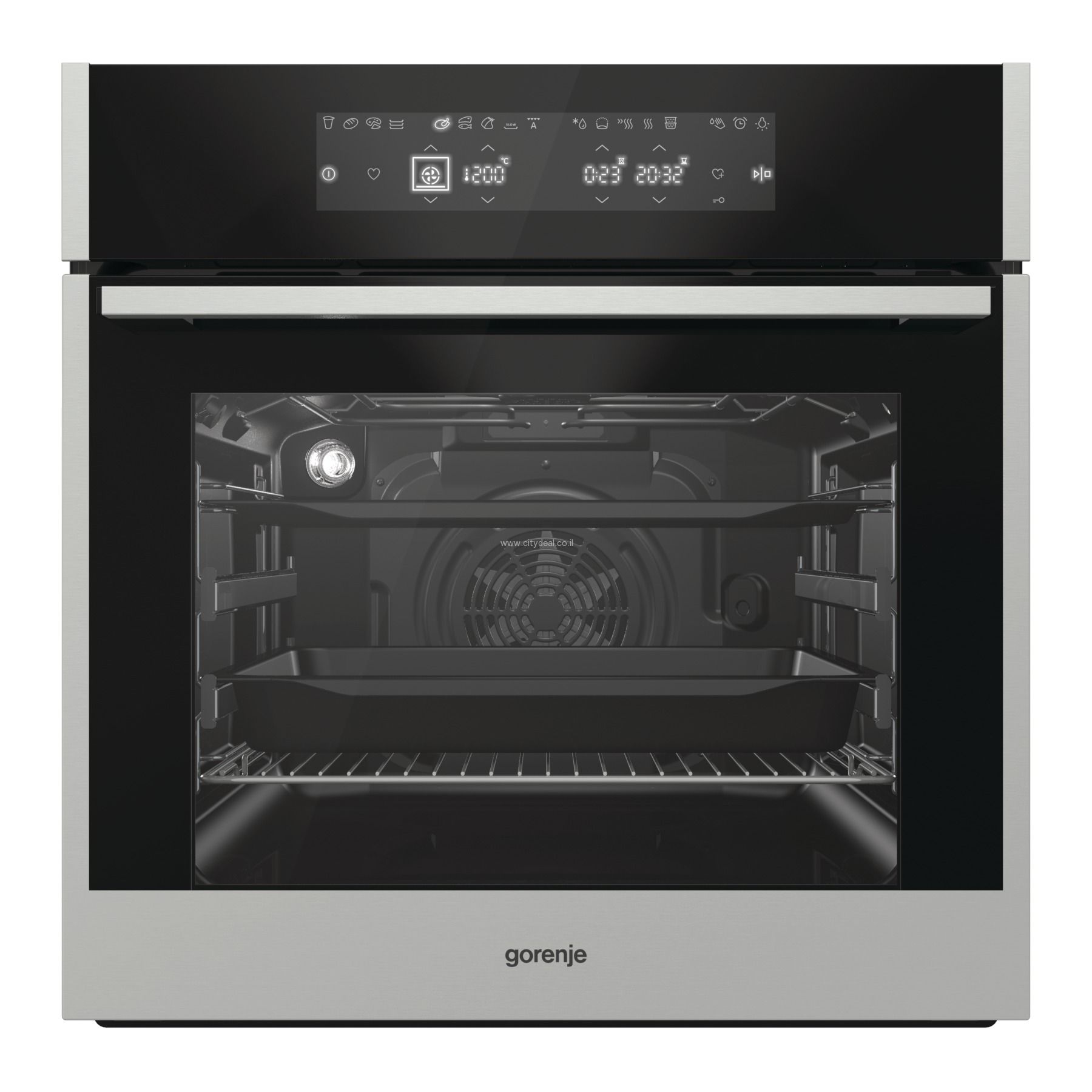 GORENJE BO758A33XG – מבט קדמי תנור בנוי GORENJE BO758A33XG בגימור נירוסטה וזכוכית שחורה