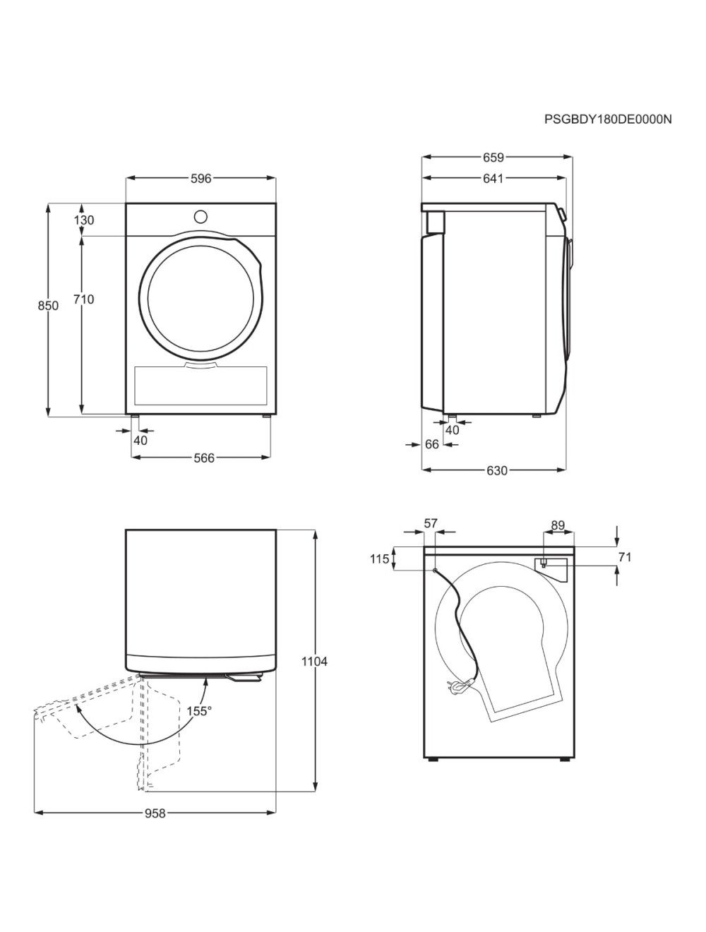 מידות התקנה של מייבש Electrolux EW6C4824CB שרטוט מידות מלא למייבש Electrolux EW6C4824CB רוחב 59.6 גובה 85 עומק 63 ס״מ