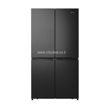 מקרר מקפיא תחתון Hisense דגם RQ72BK - מבט חזיתי על גימור נירוסטה שחורה מוברשת יוקרתית מקרר 4 דלתות