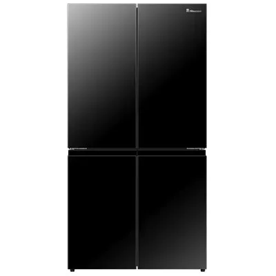 מקרר מקפיא תחתון Hisense דגם RQ72BGK - מבט חזיתי על גימור זכוכית שחורה יוקרתית מקרר 4 דלתות