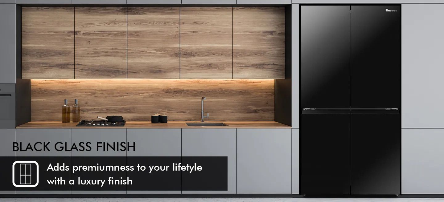 מקרר 4 דלתות הייסנס עיצוב זכוכית שחורה BLACK GLASS FINISH דוחה טביעות אצבע