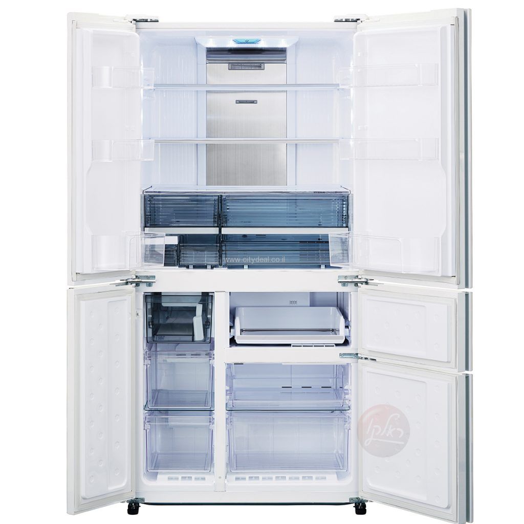 מקרר Sharp SJ-9630W פתוח עם מדפים ומגירות