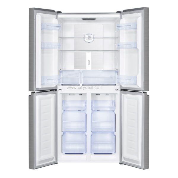 מקרר Haier HRF4494FSS במצב פתוח עם חלוקה פנימית מרווחת
