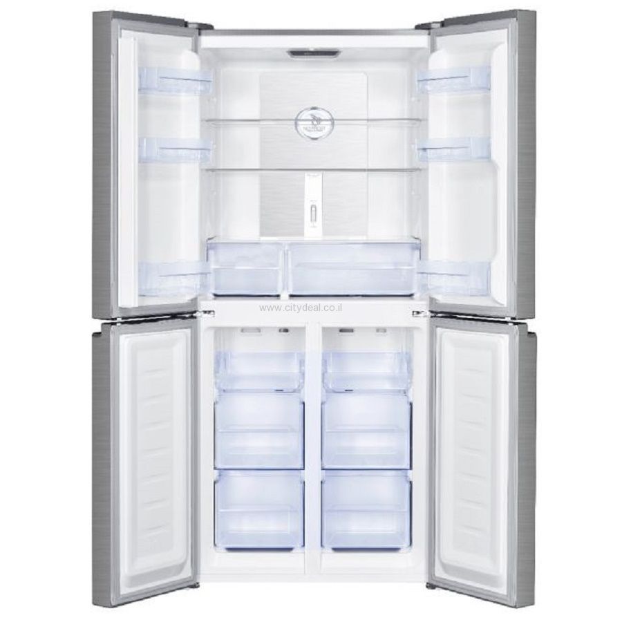 מקרר Haier HRF4494FW במצב פתוח עם חלוקה פנימית מרווחת