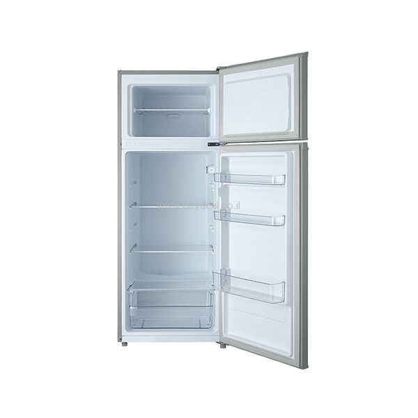 Midea HD273FN - חלוקה פנימית נוחה מבט פנימי למקרר Midea HD273FN - מציג מדפי זכוכית רחבים, מגירת פירות וירקות ותאי אחסון בדלת