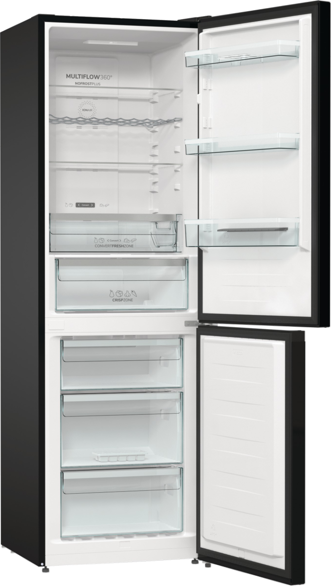 מקרר Gorenje NRK6192ABK במצב פתוח עם מקפיא תחתון ומגירות אחסון
