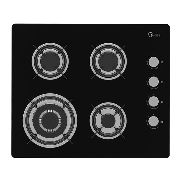 MIDEA 60GL403 כיריים גז זכוכית שחורה 4 להבות SABAF כיריים גז MIDEA 60GL403 זכוכית שחורה 60 ס״מ עם 4 להבות ומבערי SABAF