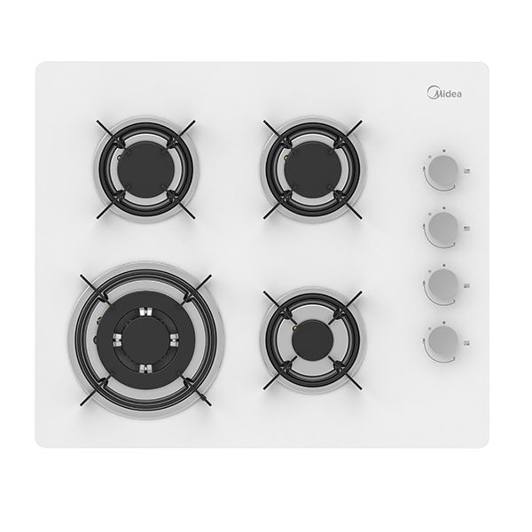 כיריים גז MIDEA 60GL403 זכוכית לבנה 60 ס״מ עם 4 להבות ומבערי SABAF