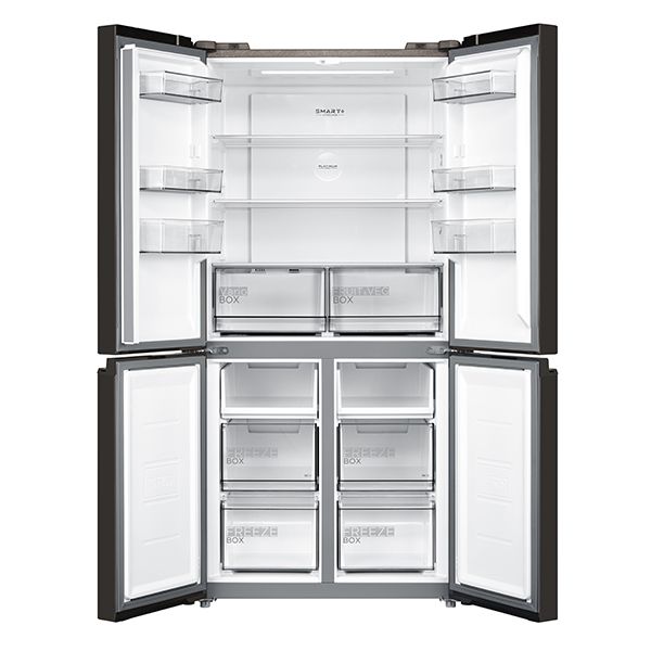 מקרר Midea HQ-611R פתוח – חלוקה פנימית של מקרר 4 דלתות ומקפיא תחתון
