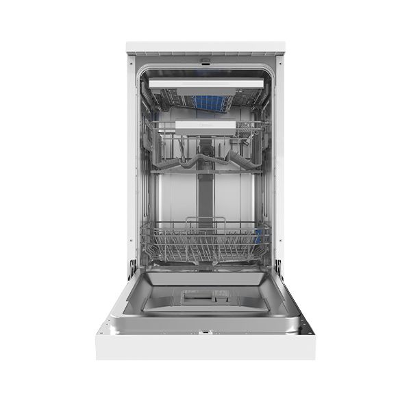 מדיח כלים צר Midea WQP8-W7634C-W במצב פתוח עם סידור פנימי של הסלסלות