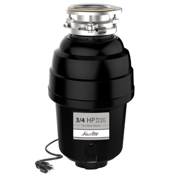 טוחן אשפה שחור SAUTER EA975 3/4 HP DELUXE - פתרון יעיל וידידותי לסביבה לניקיון המטבח בתמונה זו רואים טוחן אשפה שחור מדגם SAUTER EA975, המותקן מתחת לכיור מטבח. הטוחן מצויד במנוע חזק של 0.75 כ