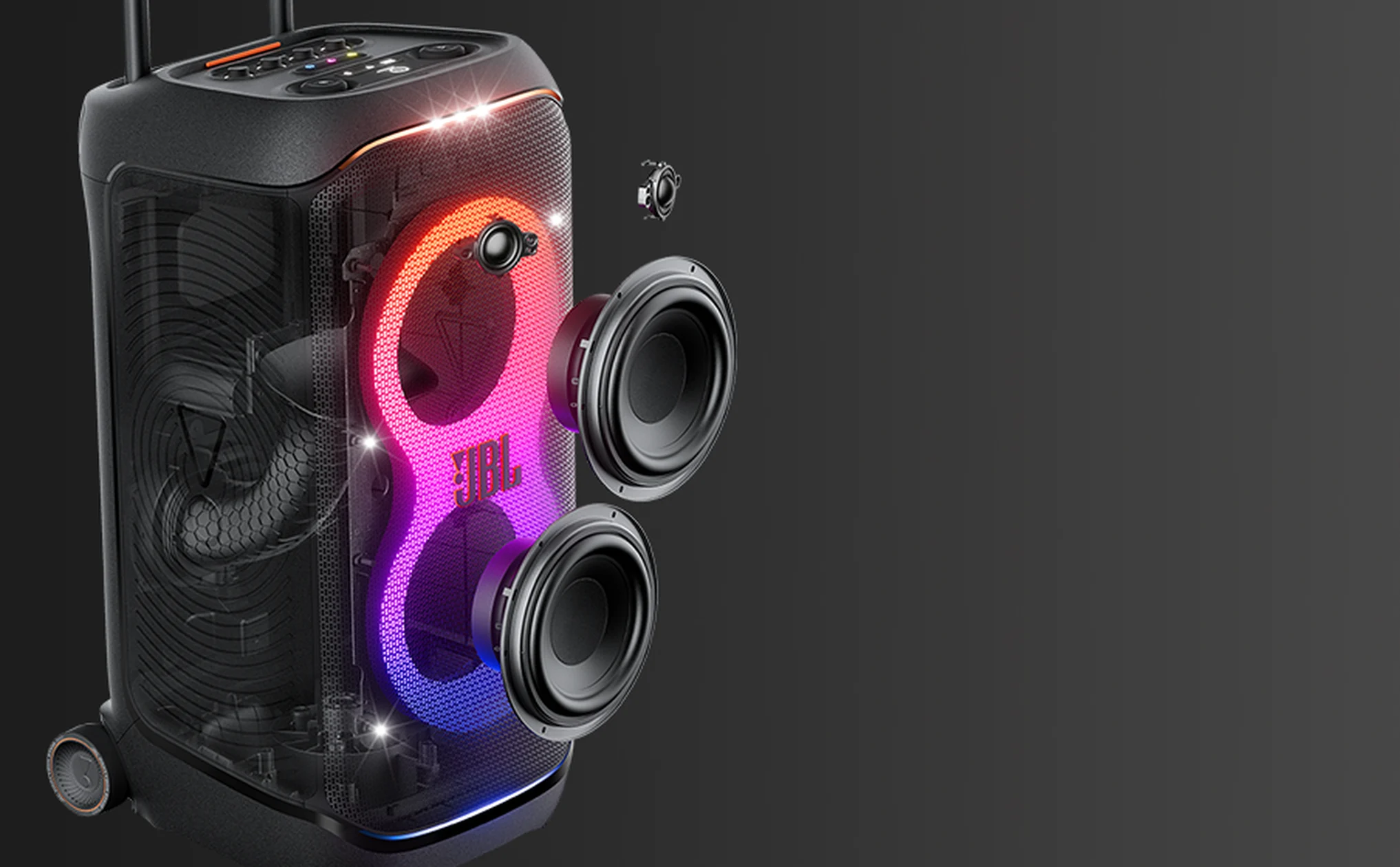 מבנה הרמקולים הפנימי של JBL PartyBox Stage 320 עם שני וופרים וטוויטרים