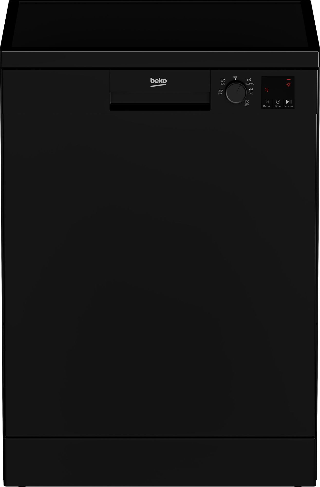 מדיח כלים Beko DVN05321B בצבע שחור, בעל קיבולת של 13 מערכות כלים. מציג את פאנל ההפעלה הדיגיטלי והידית המודרנית.