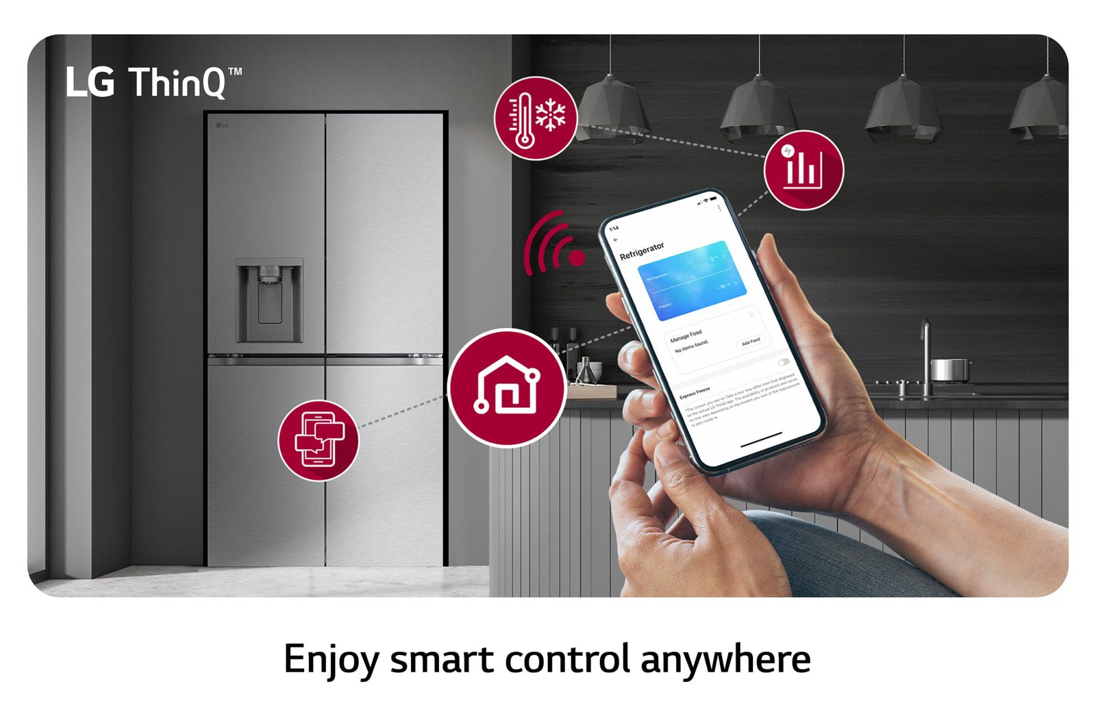 LG GMJ960 – קישוריות LG ThinQ LG ThinQ במקרר LG GMJ960 עם שליטה חכמה דרך אפליקציה