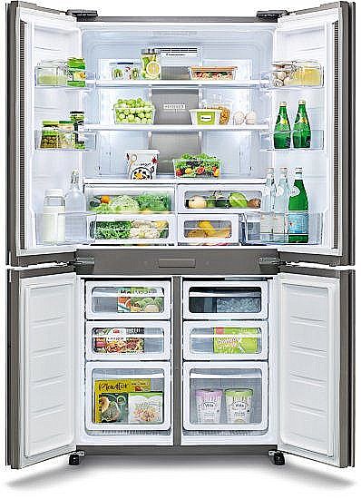 חלוקת האחסון הפנימית במקרר Sharp SJ-9270W כשהדלתות פתוחות