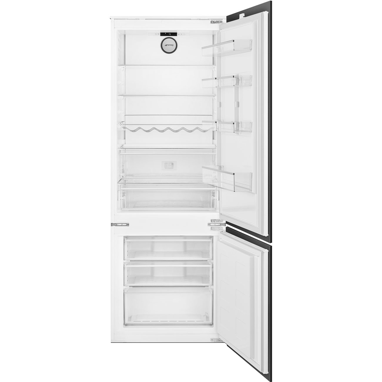 מקרר מקפיא תחתון 2 דלתות 370 ליטר SMEG דגם C875TNE במצב פתוח המציג תאורה פנימית וסידור מדפים