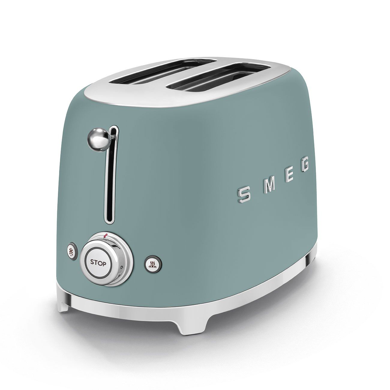הגימור המט של מצנם SMEG TSF01EGMEU מבט צד על מצנם SMEG TSF01EGMEU בגימור ירוק אמרלד מט