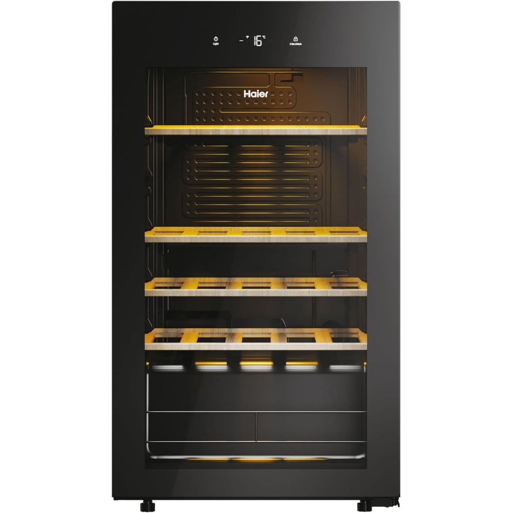 מקרר יין Haier HWS34GGH1 ללא בקבוקים - מבנה פנימי ומדפי עץ מקרר יין Haier HWS34GGH1 ללא בקבוקים עם מדפי עץ