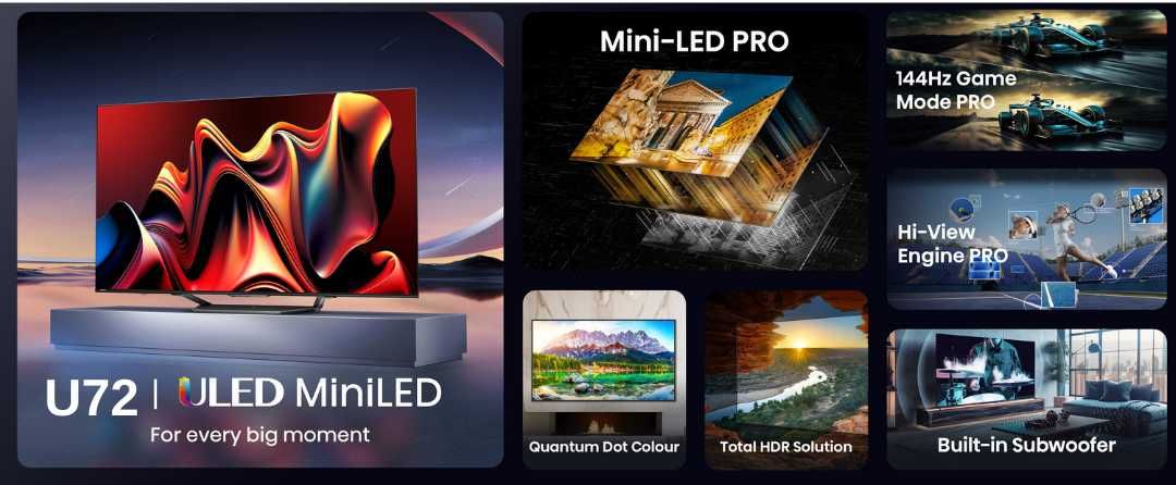 Hisense 65U72NQ Mini-LED PRO 4K 65 אינץ׳ טלוויזיה חכמה Hisense 65U72NQ Mini-LED PRO 4K בגודל 65 אינץ׳