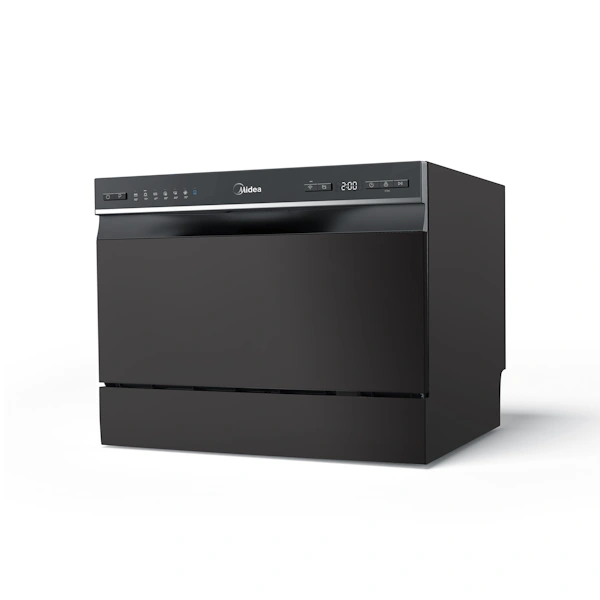 מדיח כלים קומפקטי Midea MDWT0602M - פתרון חכם למטבח קטן מדיח כלים קומפקטי Midea MDWT0602M על השיש עם דלת פתוחה וכלים נקיים