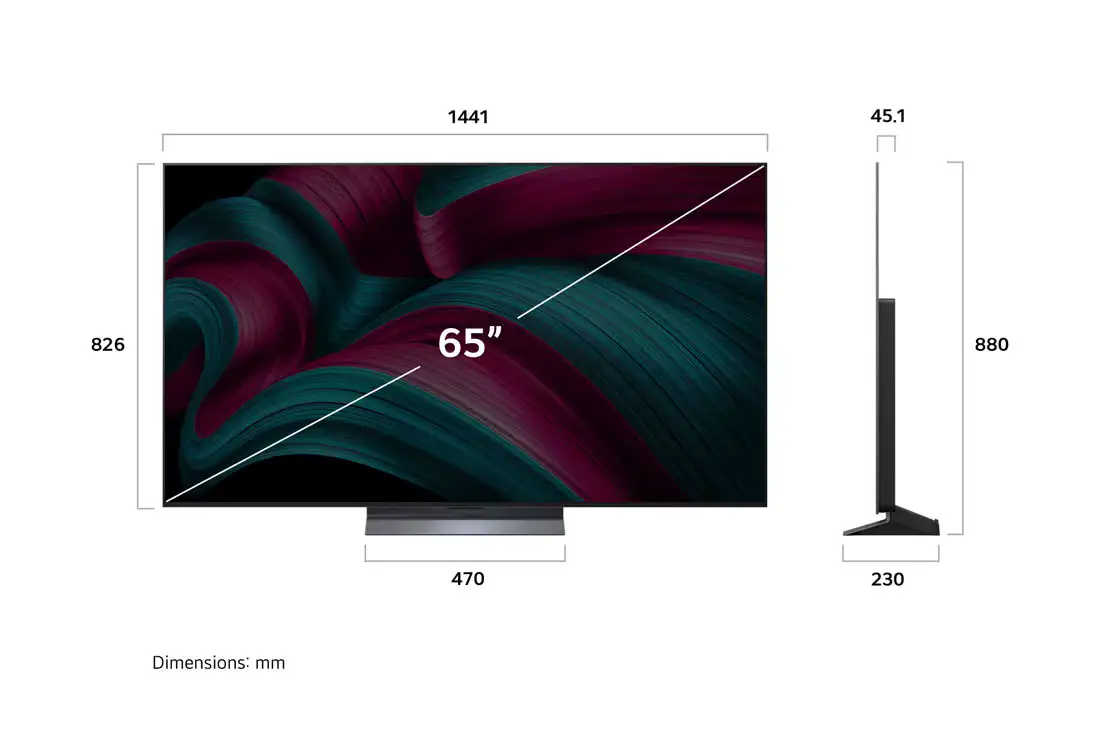מידות LG OLED65C56LA C5 65 אינץ׳ תרשים מידות טלוויזיה LG OLED65C56LA C5 בגודל 65 אינץ׳ כולל רוחב גובה עומק ומידות מעמד