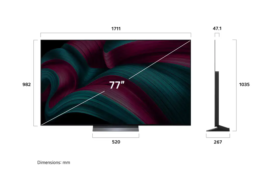 מידות LG OLED77C56LA C5 77 אינץ׳ תרשים מידות טלוויזיה LG OLED77C56LA C5 בגודל 77 אינץ׳ כולל רוחב גובה עומק ומידות מעמד