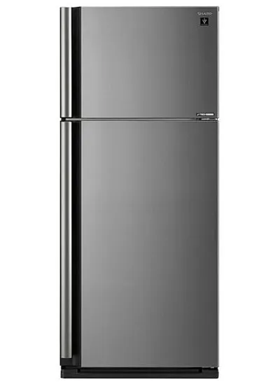 מקרר Sharp SJ-SERN75D-SL נירוסטה במצב סגור עם שתי דלתות ומקפיא עליון