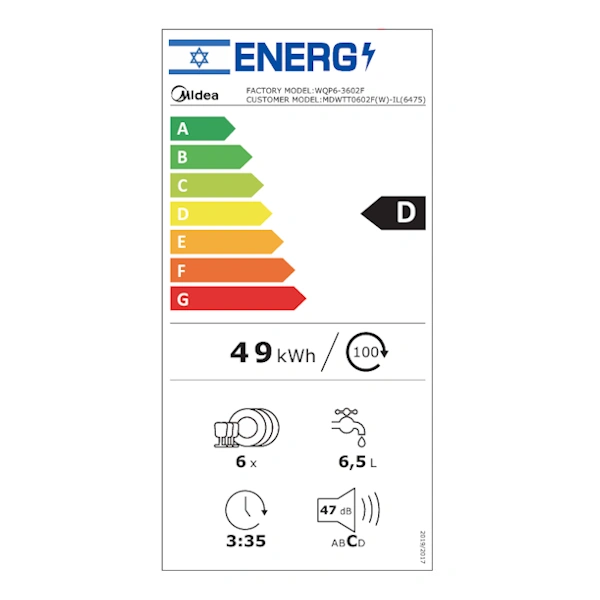 מבט פנימי על מדיח כלים קומפקטי Midea MDWTT0602F(W)-W-IL עם פנים נירוסטה וסלסלות אמייל