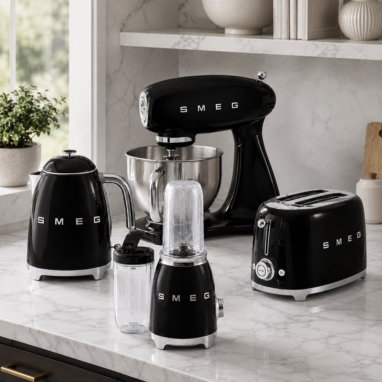 SMEG Black Collection על משטח המטבח סט מוצרי SMEG שחורים על משטח שיש במטבח מעוצב