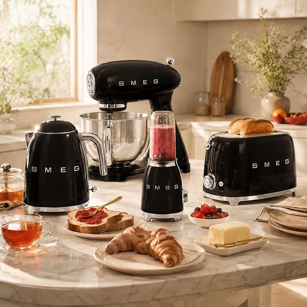 SMEG Black Bundle בפעולה סט SMEG שחור בפעולה במטבח עם ארוחת בוקר ושייק