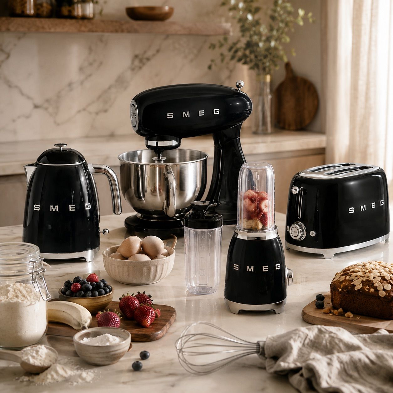 SMEG Black Collection Lifestyle סט SMEG שחור באווירת מטבח יוקרתית